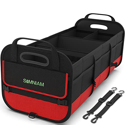 Simniam Large Trunk Organizer for Car, Collapsible Multi Compartment Car Trunk Organizer with 2 Retractable Straps, Suitable for All Kinds of Cars, SUV, Minivan - 4 Compartments Red