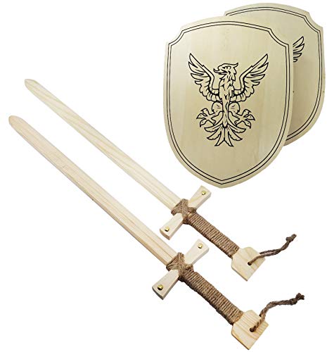 Adventure Awaits! Wooden Toy Sword and Shield Set for Kids | 2 Pack | Knight Style Sword with Jute Wrapped Handle | Lightweight and Durable for Imaginative Kids | Set of 2 (Phoenix)