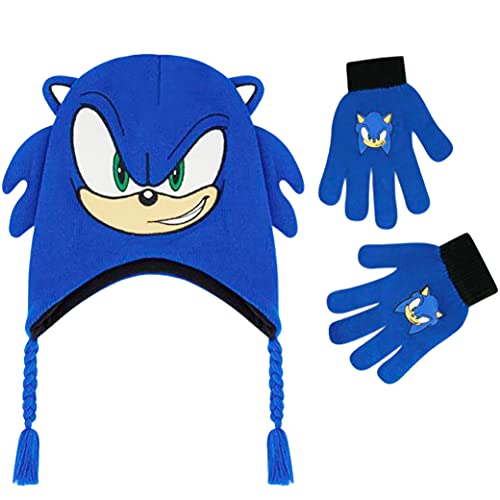 Sonic The Hedgehog Beanie Hat and Glove Set, Kids Knitted Winter Hat and Gloves, Tassels, Blue, One Size