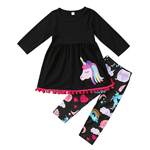 Fashion Kids Toddler Girl Long Sleeve Tunic Top Dress+Floral Pants Outfit Set Spring Fall Clothes (Black Unicorn, 2-3T)