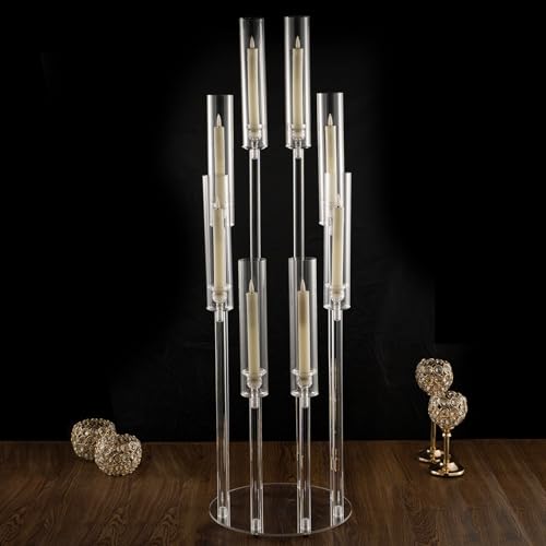 VINCIGANT 8 Arms Clear Candlesticks Holder for Wedding Decorations,38.5 inches Tall Arcylic Candelabra Candle Holder with Shade for Valentines Day Events Party Table Centerpiece,Fit LED Candles