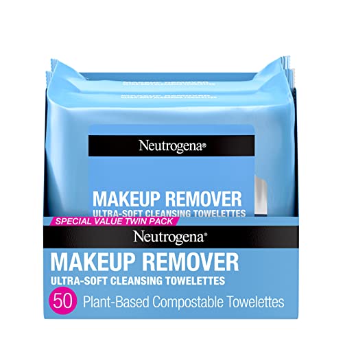 Neutrogena Makeup Remover Wipes, Ultra-Soft Cleansing Facial Towelettes for Waterproof Makeup, Alcohol-Free, Plant-Based, Twin Pack, 25 Count (Pack of 2)