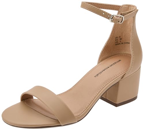 Amazon Essentials Women's Two Strap Heeled Sandal, Beige Faux Leather, 8
