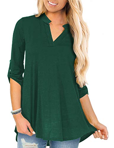 a.Jesdani Womens Tunics for Leggings 3/4 Roll Sleeve Notch Neck Tunic Shirts,Solid Dark Green 3X Plus
