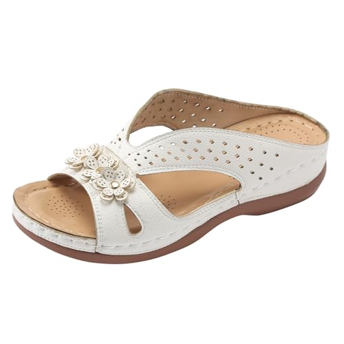 Shengsospp Leather Flower Openwork Slippers sandals for women 2024 Outdoor Beach Slippers sandal comfortable Summer Fashion Shoe White, 7.5