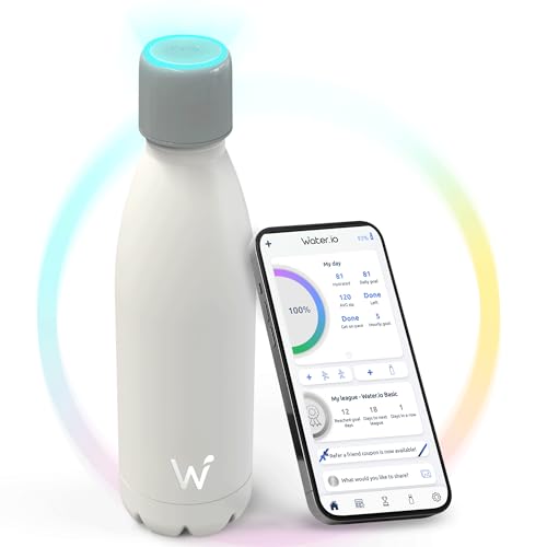 WATER.IO Smart Water Bottle - Hit Your Hydration Goals, Track Water Intake with Color Changing LED Reminder & Bluetooth Free App. Insulated Stainless Steel, BPA-Free 17oz. Ideal Gift for Mom