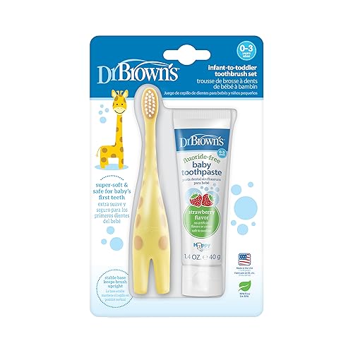 Dr. Brown's Infant-to-Toddler Training Toothbrush Set with Fluoride-Free Baby Toothpaste, Strawberry - Giraffe - 1.4oz - 0-3 years