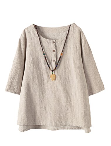 Minibee Women's 3/4 Sleeve Cotton Linen Jacquard Blouses Top T-Shirt (M, Apricot)