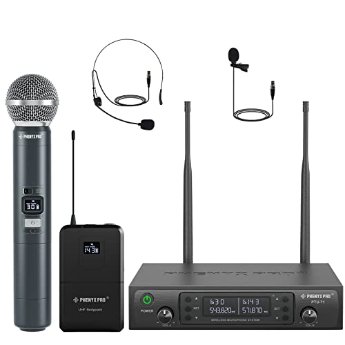 Phenyx Pro Wireless Microphone System, Dual Mic Set with Handheld/Bodypack/Lapel Mics,2x100 UHF Channels,328ft Range,for Singing,Church(PTU-71-1H1B)