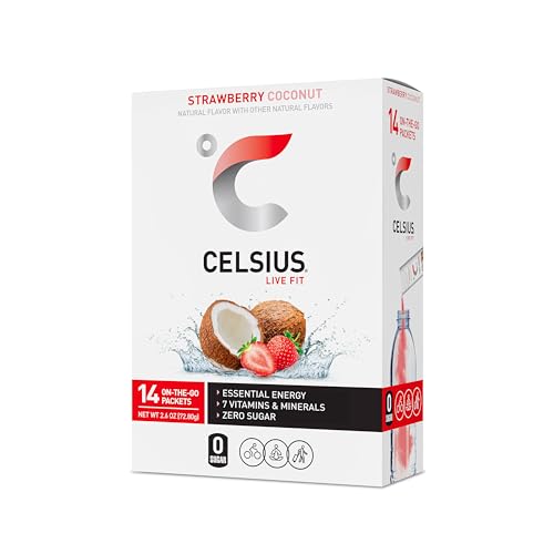 CELSIUS On-the-Go Powder Sticks Strawberry Coconut, Essential Energy 2.6 Oz (14 Sticks per Pack)