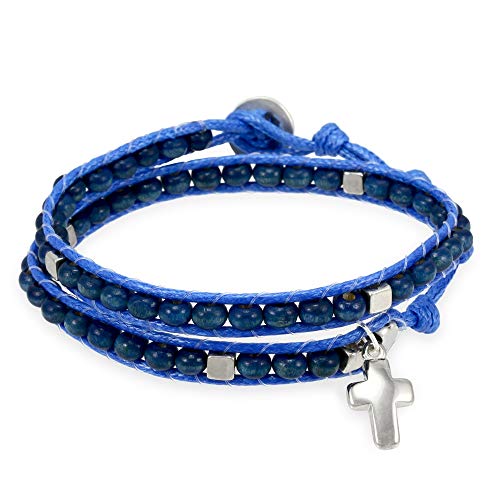 Wrap Around Rosary Bracelet for Men and Women, Ladder Design Blue Wooden Beads Cross Charm