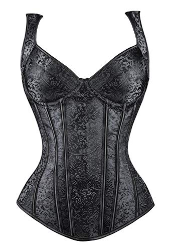 Kimring Women's Gothic Retro Jacquard Peasant Shoulder Straps Boby Shaper Tank Bustiers Overbust Corset with Lightly Cup Black X-Large