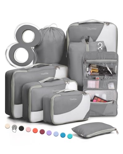 OlarHike 8 Set Packing Cubes for Travel, Luggage Organizer Bags for Travel Accessories Travel Essentials, Travel Cubes for Carry on Suitcases (Ash Grey)