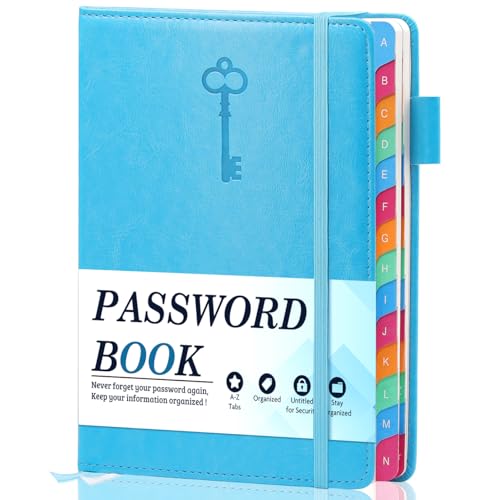 Password Keeper Book with Colorful Alphabetical Tabs, Hardcover Log Book for Internet Password and Website Address, Personal Organizer with Notes Section and Back Pocket and Two Bookmarks (Turquoise)