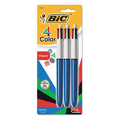 BIC 4 Color Ballpoint Pen, Medium Point (1.0mm), 4 Colors in 1 Set of Multicolor Pens, 3-Count Pack of Refillable Pens for Journaling and Organizing (Pen barrel color may vary)