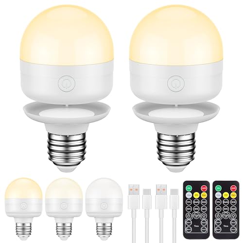 SCOPOW E26 Rechargeable Light Bulbs with Remote Control Timer and 3 Color Temperature,350LM,Magnetically,Battery Operated Light Bulbs,Dimmer,for Non-Hardwired (E26, 2)