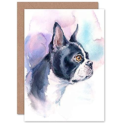 Wee Blue Coo Dog Boston Terrier Watercolour Greeting Card With Envelope Inside Premium Quality