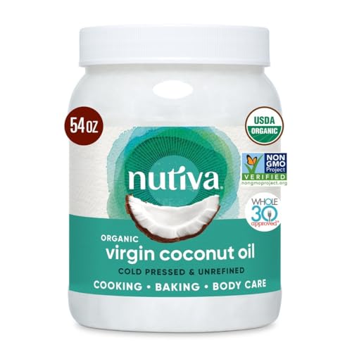 Nutiva Organic Coconut Oil 54 fl oz, Cold-Pressed, Fresh Flavor for Cooking, Natural Hair, Skin, Massage Oil and, Non-GMO, USDA Organic, Unrefined Extra Virgin Coconut Oil (Aceite de Coco)