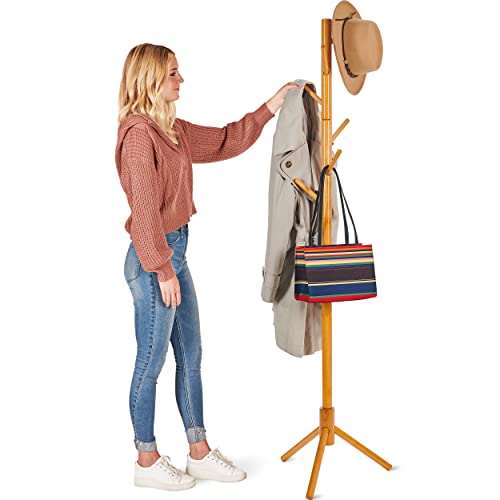 ZOBER Coat Rack Free Standing - Wooden Coat Tree W/ 6 Hooks - Coats, Purses, Hats - Adjustable Sizes, Easy Assembly - Natural