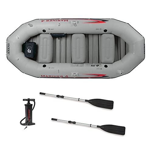 Intex Mariner 4, 4-Person Inflatable Boat Set with Aluminum Oars and High Output Air Pump for Fishing and Boating in Rivers and Lakes