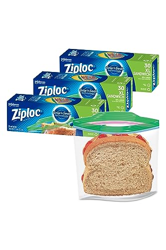 Ziploc XL Sandwich and Snack Bags, Storage Bags for On the Go Freshness, Grip 'n Seal Technology for Easier Grip, Open, and Close, 30 Count (Pack of 3)