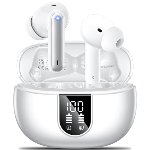 Wireless Earbuds, 2024 Wireless Headphones HiFi Stereo Earphones with 4 ENC Noise Canceling Mic, 42Hs Playtime In Ear Earbud, Bluetooth 5.3 Sport Earphones with LED Power Display for Android iOS White