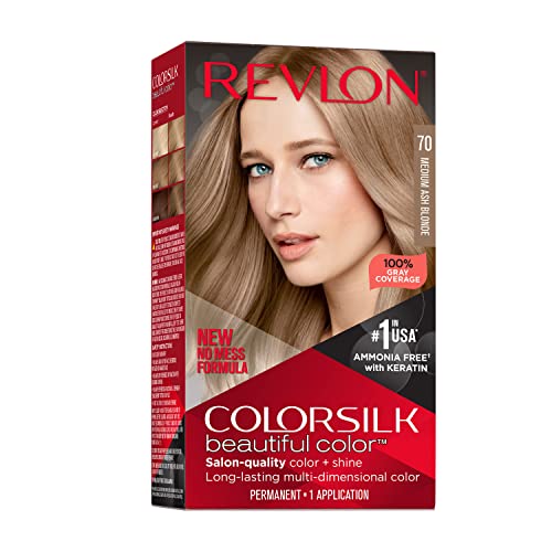 Revlon Colorsilk Beautiful Color Permanent Hair Color, Long-Lasting High-Definition Color, Shine & Silky Softness with 100% Gray Coverage, Ammonia Free, 070 Medium Ash Blonde, 1 Pack