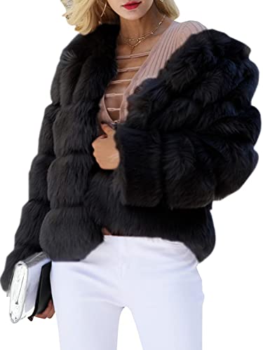 Simplee Women Luxury Winter Warm Fluffy Faux Fur Short Coat Jacket Parka Outwear, Black, 1/3, Medium