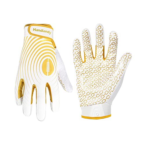 HANDLANDY Youth Football Gloves, Sticky Wide Receiver Gloves for Kids & Adult, White and Gold Stretch Fit Football Gloves (Small)