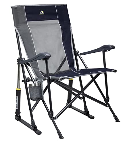 GCI Outdoor Roadtrip Rocker Camping Chair | Portable, Folding Rocking Chair with Solid, Durable Armrests, Drink Holder & Comfortable Extended Backrest — Indigo