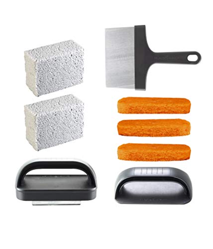 Blackstone 5060 Grill & Griddle Kit 8 Pieces Premium Flat Top Grill Accessories Cleaner Tool Set-1 Stainless Steel 6' Scraper, 3 Scouring Pads, 2 Cleaning Bricks, and 1 Handle, Black