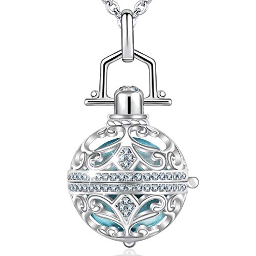 AEONSLOVE Harmony Ball Pregnancy Bola Necklace, Vintage Cubic Zirconia Harmony Ball Locket Angel Chime Caller Bell 18mm Mexican Bola Balls Pendant Necklaces for Women, 30'/45'' Chain(Cornflower Blue)