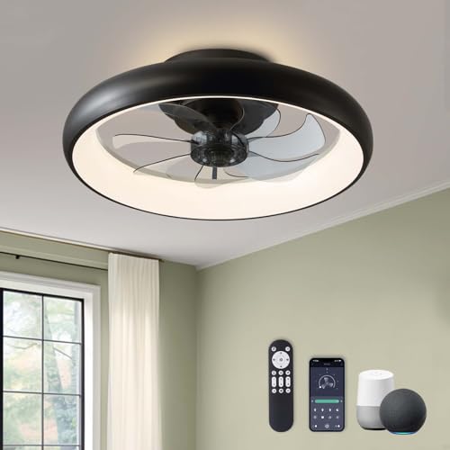 LUDOMIDE Ceiling Fans with Lights, Flush Mount Ceiling Fan with Alexa/Google Assistant/App Control, Low Profile Ceiling Fan with 6 Wind Speeds, LED Ceiling Fan for Bedroom, Kitchen 20“ (Black)
