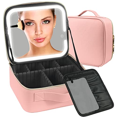 Makeup Case with Lighted Mirror 3 Color Setting,Cosmetic Makeup Train Case with Adjustable Divider,Travel Makeup Bag with Light Up Mirror for Makeup Brushes,Makeup Accessories,Tools Case,Women