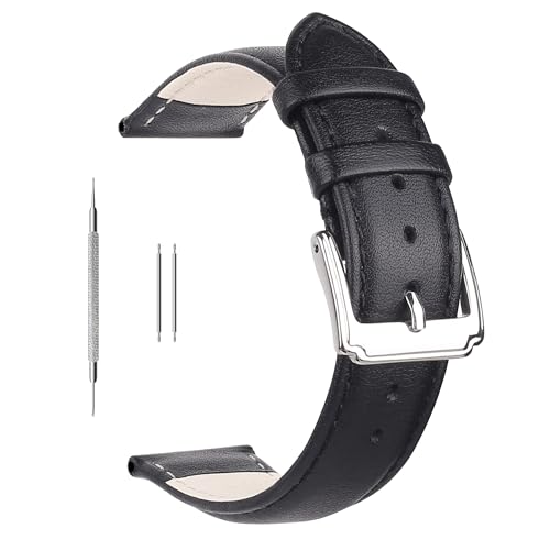 Berfine 20mm Black Calf Leather Watch Band Replacement,Extra Soft Watch Strap for Men Women