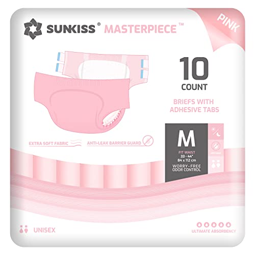 SUNKISS Masterpiece Adult Diapers with Ultimate Absorbency, Unisex Disposable Incontinence Briefs with Tabs for Women and Men, Odor Control, Overnight Protection, Pink, Medium, 10 Count
