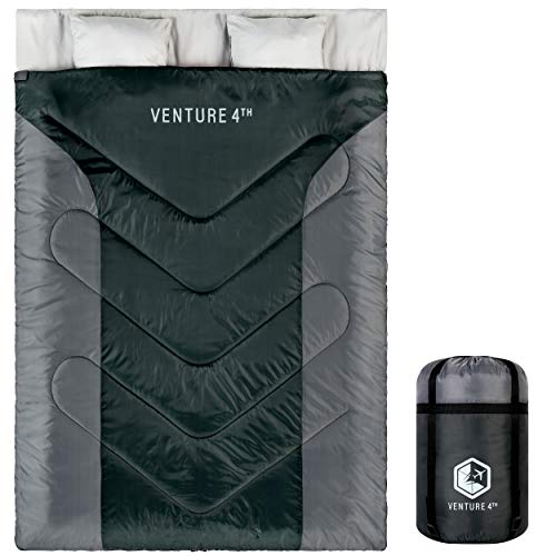 VENTURE 4TH Double 3-Season Sleeping Bag, Queen Size – Lightweight, Comfortable, Water Resistant, Backpacking Sleeping Bag for Couples – Ideal for Hiking, Camping & Outdoor – Black/Silver