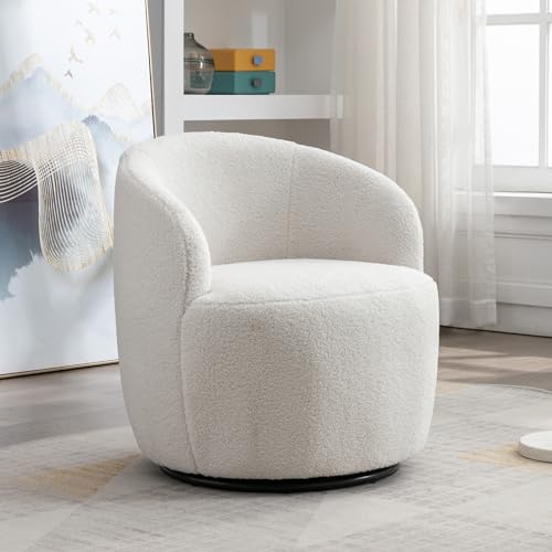 KIVENJAJA Swivel Barrel Chair, Teddy Sherpa Upholstered Modern Round Accent Arm Chairs, 360 Degree Swivel Small Single Sofa Armchair for Nursery Living Room Bedroom (Teddy, Ivory)