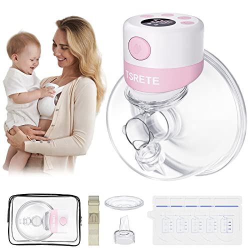 TSRETE Breast Pump, Wearable Breast Pump, Electric Hands-Free Breast Pumps with 2 Modes, 9 Levels, LCD Display, Memory Function Rechargeable Single Milk Extractor-24mm Flange, Pink