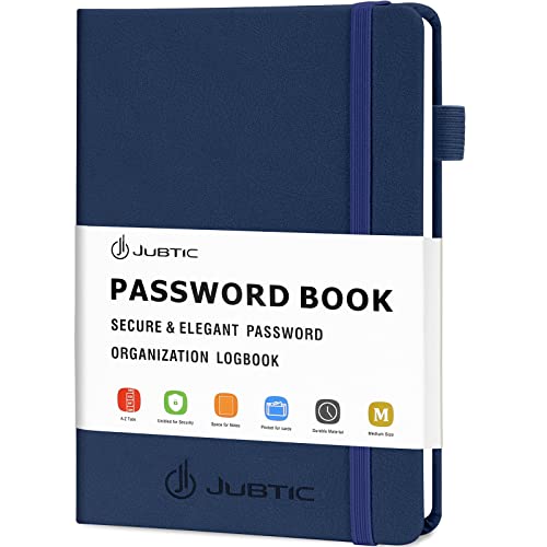 JUBTIC Password Keeper Book with Alphabetical Tabs. Medium Size Password Book for Seniors, Internet Website Address Log in Detail. Hardcover Password Notebook for Home Office, Navy Blue