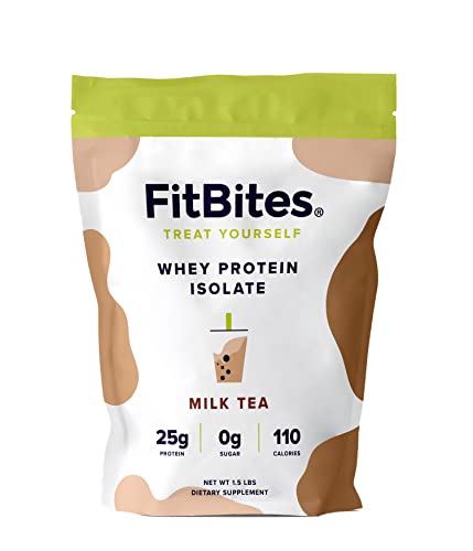 FitBites Boba Tea Protein 100% Whey Protein Powder Isolate (Milk Tea), Natural Energy Coffee Replacement, Sugar Free, Gluten Free, Lactose Free, Soy Free, Real Ingredients, 5.9g BCAAs