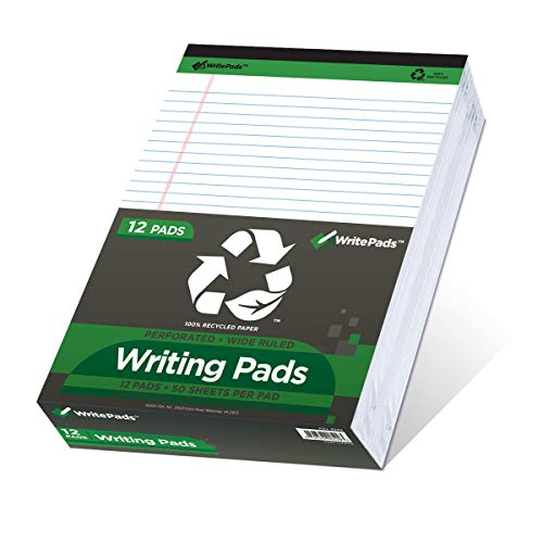 KAISA Legal Pads Writing Pads Recycled Paper, 8.5'x11.75' Wide Ruled, 50 sheets 8-1/2'x 11-3/4' Perforated Writed Pad, White Pack of 12pads, KSU-5293