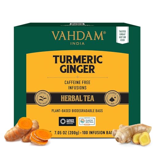 VAHDAM, Turmeric Ginger Herbal Tea Bags (100 Pyramid Tea Bags) Caffeine Free, Non GMO, Gluten Free | 100% Pure Herbal Blend - Savory & Spicy | Plant-Based Tea Bags | Resealable Ziplock Pouch