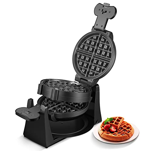 Waffle Maker, Belgian Waffle Maker Iron 180° Flip Double Waffle, 8 Slices, Rotating & Nonstick Plates, Removable Drip Tray Easy to Clean, Cool Touch Handle, Handle Lock for Easy Storage, 1400W (Black)