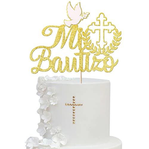 1 Pack Spanish Mi Bautizo Cake Topper Glitter Cross First Holy Communion Baptism Cake Pick Religious God Bless Baptism Cake Decoration for Baby Shower Birthday Party Supplies Gold