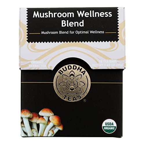 Buddha Teas - Organic Mushroom Wellness Blend - Herbal Tea - For Health & Wellbeing - With Antioxidants & Minerals - Clean Ingredients - Caffeine Free - OU Kosher & Non-GMO - 18 Tea Bags (Pack of 1).