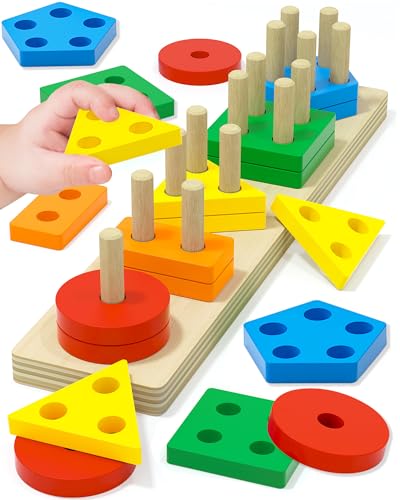 Montessori Toys for 1 2 3 Year Old Boys Girls, Wooden Sorting & Stacking Toys for Toddlers Kids Baby, 1 2 Year Old Girl Boy Birthday Gifts, Preschool Learning Toys Puzzles, Shape Sorter