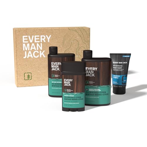 Every Man Jack Men’s Sea Minerals + Citron Bath and Body Gift Set - Clean Ingredients & Sea Minerals and Citron scent. - Round Out His Routine with Body Wash, 2-in-1 Shampoo, Deodorant & Face Wash