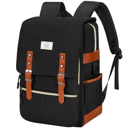 Ronyes Vintage Laptop Backpack for Women Men,15.6 inch Bookbag Casual Daypack with USB Charging Port for College Work, Black Backpacks