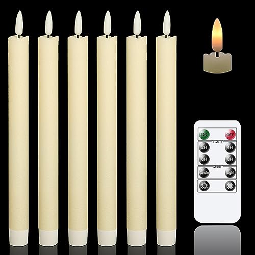 GenSwin Flameless Ivory Taper Candles Flickering with 10-Key Remote, Battery Operated Led Warm 3D Wick Light Window Candles Real Wax Pack of 6, Christmas Home Wedding Decor(0.78 X 9.64 Inch)